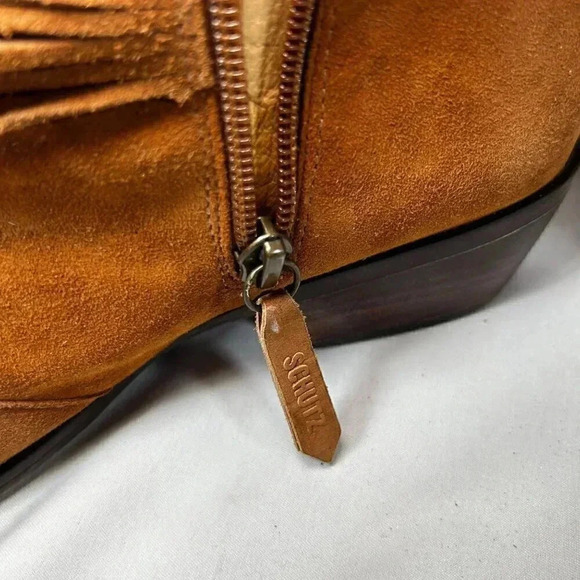 Schutz Euzabia 7B Brown Suede Leather Tassel Fringe Boot Zip Western Boho Cabin - Picture 5 of 10